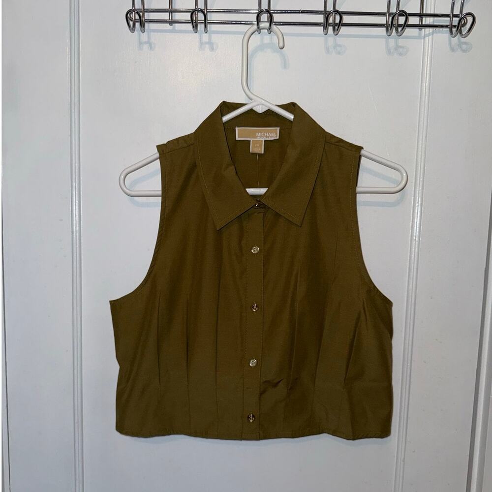 New MICHAEL Michael Kors Button Down Sleeveless Blouse Smoky Olive size L